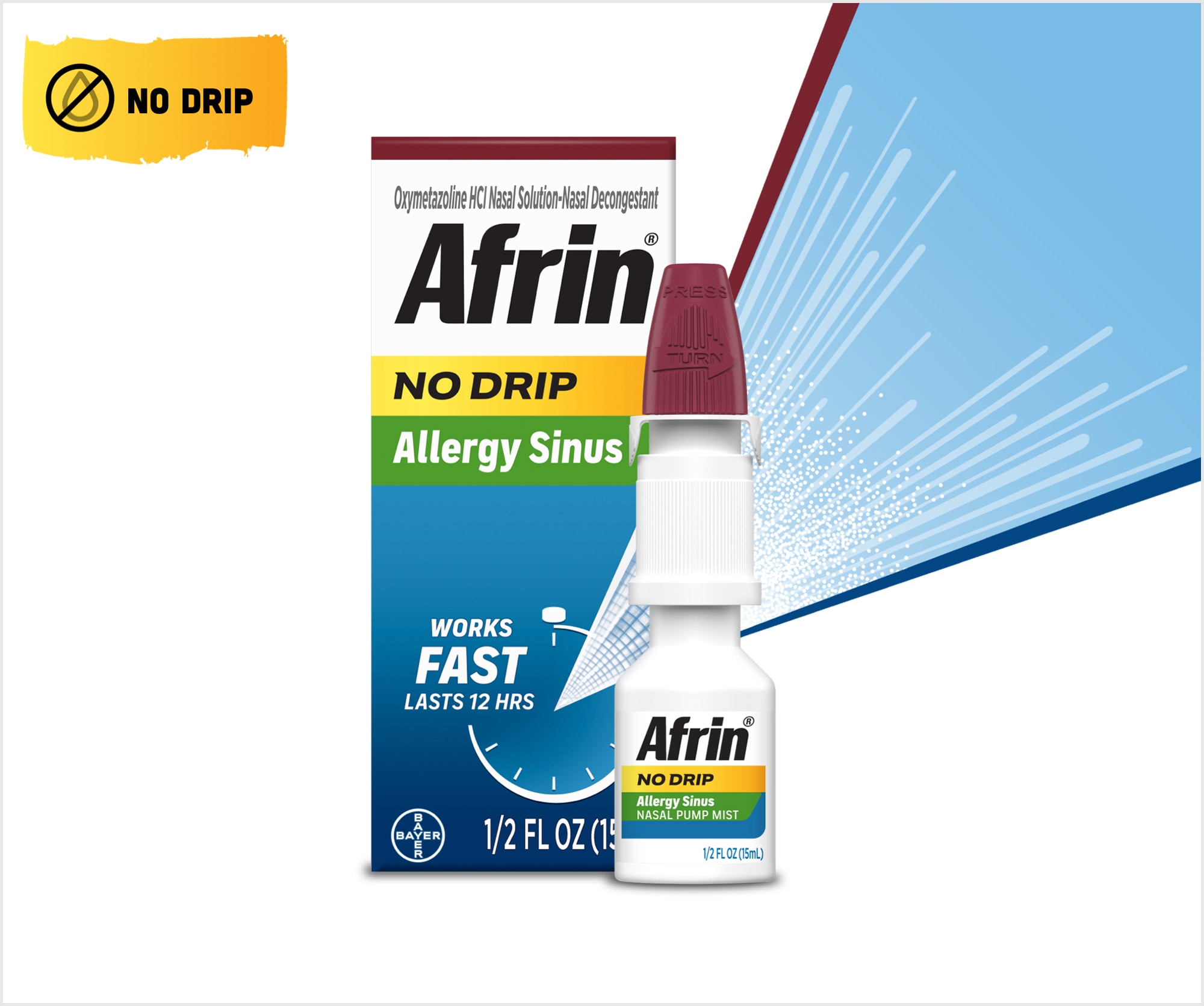 Afrin allergy sinus no drip nasal spray packaging next to nasal spray bottle