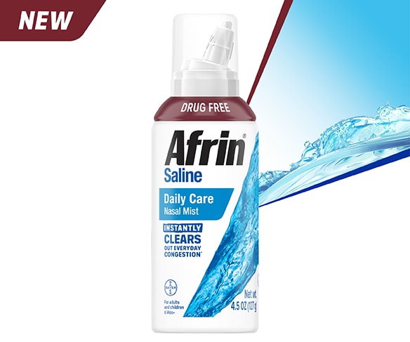 Afrin® Saline Daily Care Nasal Mist product image. The bottle is white and labeled 'DRUG FREE.' The label highlights that it 'instantly clears out everyday congestion.' The background is white with a blue water splash graphic and a red 'NEW' banner in the top left corner, emphasizing the product's new release.