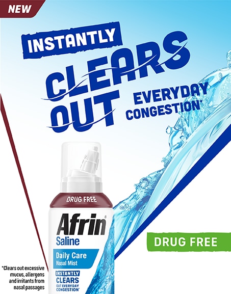 Afrin® Saline Daily Care Nasal Mist. The product is labeled as 'NEW' and 'DRUG FREE.' The packaging features a white bottle and the label states that it 'instantly clears out everyday congestion.' The background includes a blue water splash design with bold text emphasizing the product’s benefits. A disclaimer at the bottom notes that it clears excessive mucus, allergens, and irritants from nasal passages.