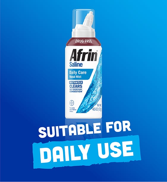 Afrin® Saline Daily Care Nasal Mist bottle against a blue background. The packaging highlights 'Drug Free' and 'Instantly Clears Out Everyday Congestion.' Below the bottle, bold text reads 'SUITABLE FOR DAILY USE' in white and blue lettering.