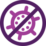 fushia icon of allergy or sickness with slash through it saying no allery or sickness