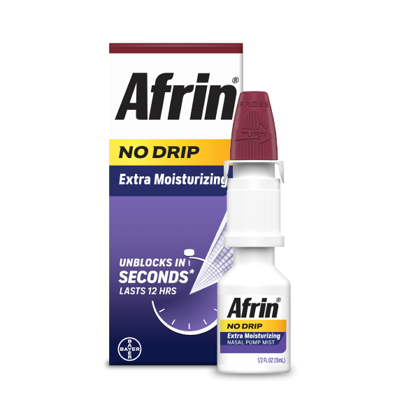 Afrin extra moisturing no drip nasal spray packaging next to nasal spray bottle