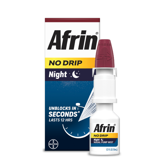 Afrin night no drip nasal spray packaging next to nasal spray bottle