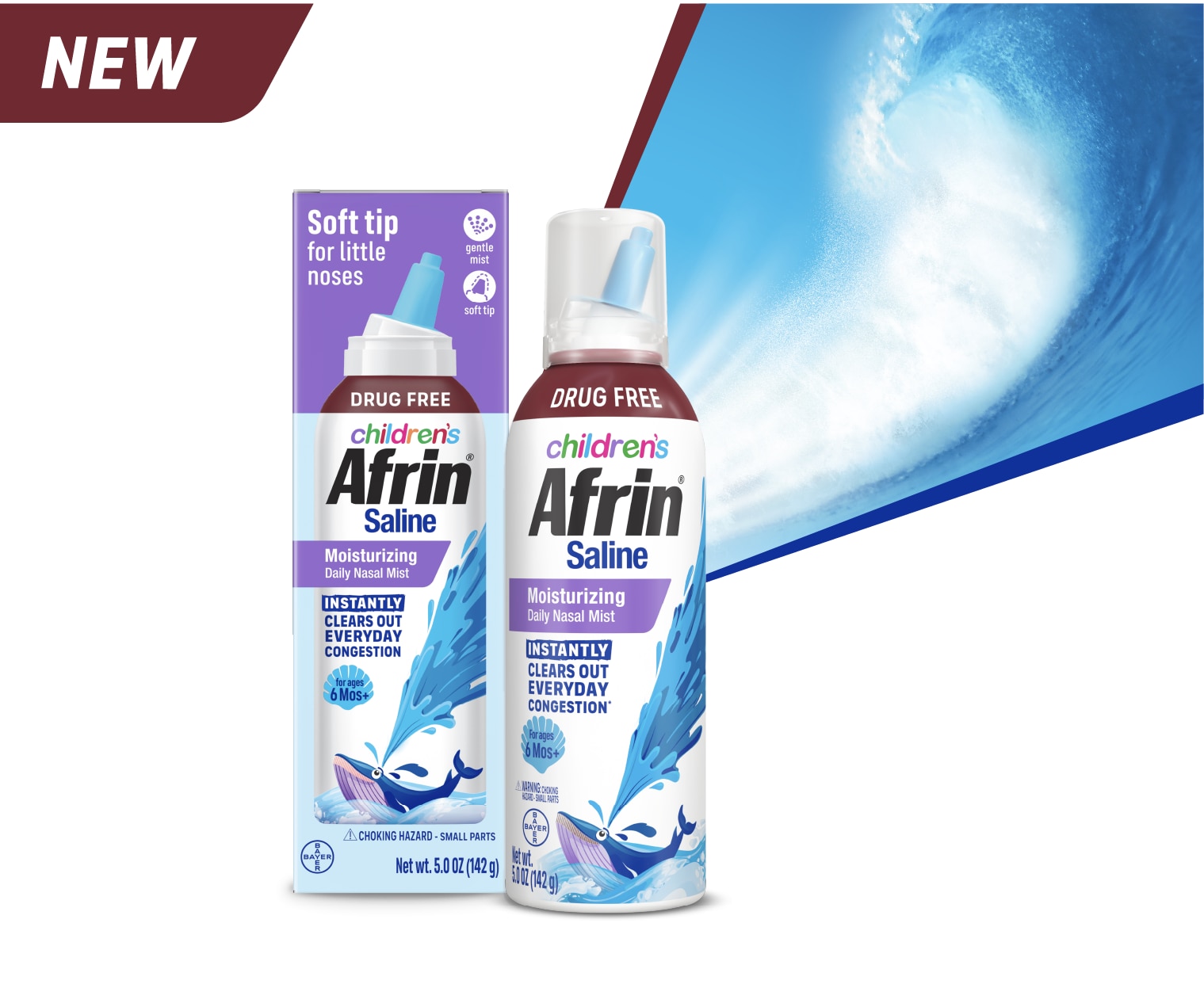Bottle of new drug free children’s Afrin® saline moisturizing daily nasal mist that instantly clears out everyday congestion*.
