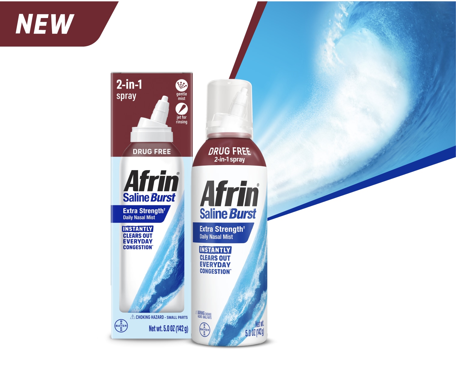A 2-in-1 drug free spray bottle of Afrin® saline burst extra strength daily nasal mist that instantly clears out everyday congestion*..