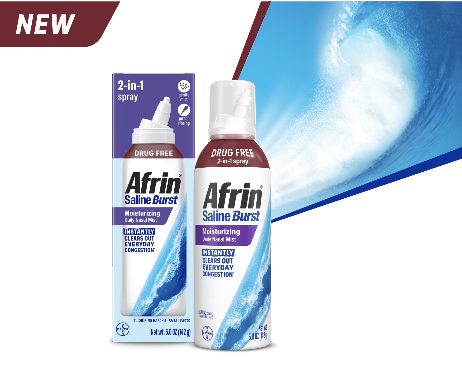 A 2-in-1 drug free spray bottle of Afrin® saline burst moisturizing daily nasal mist that instantly clears out everyday congestion*.