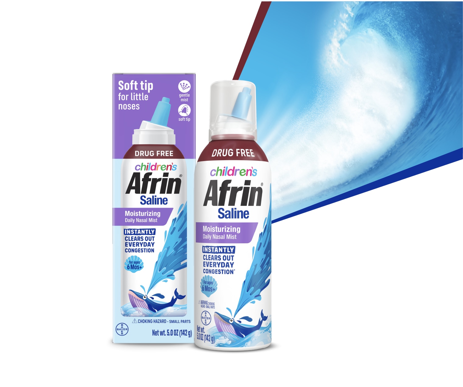 Bottle of new drug free children’s Afrin® saline moisturizing daily nasal mist that instantly clears out everyday congestion*.