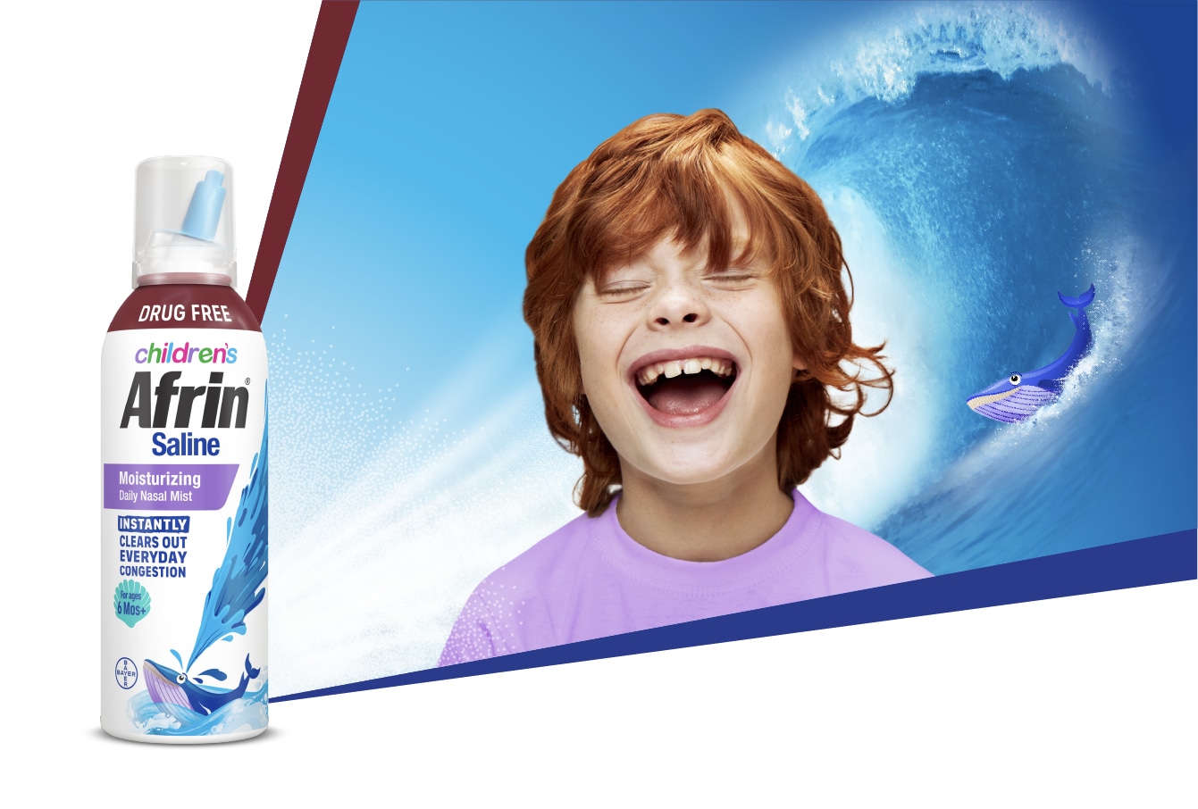 Children nasal mist bottle and a child wowing with a sea wave background