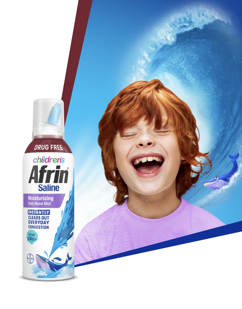 Children nasal mist bottle and a child wowing with a sea wave background