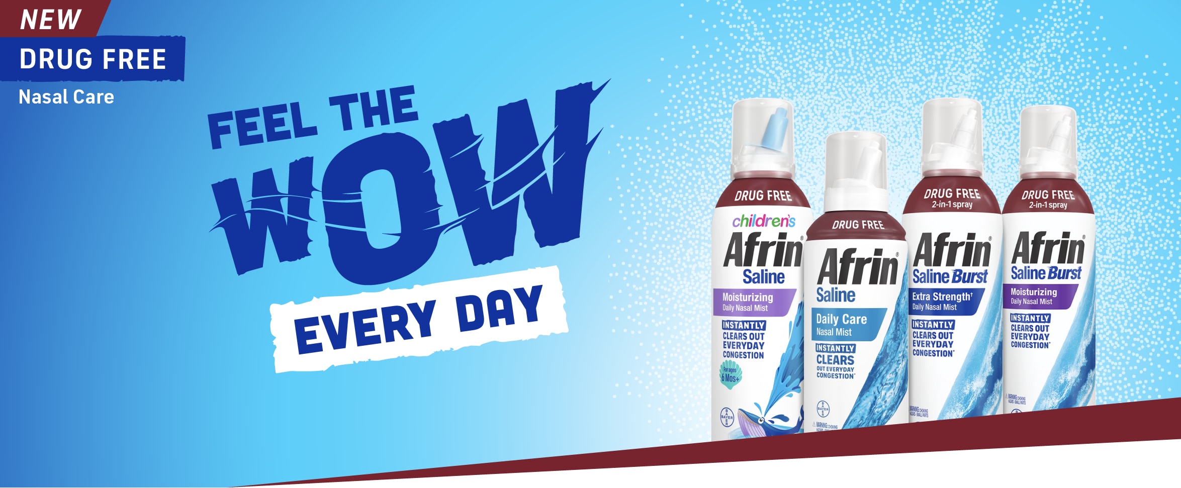 Four bottles of new drug free Afrin® nasal mist displayed against a light blue background.