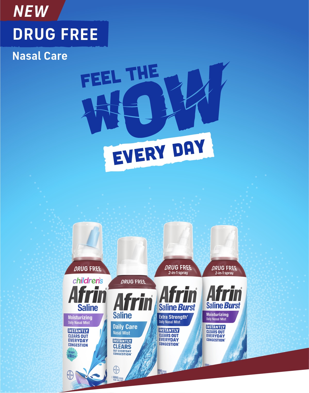 Four bottles of new drug free Afrin® nasal mist displayed against a light blue background.