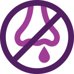 fushia icon of common cold runny nose with cross out saying no more runny nose