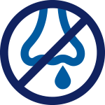 magenta icon of common cold runny nose with cross out saying no more runny nose