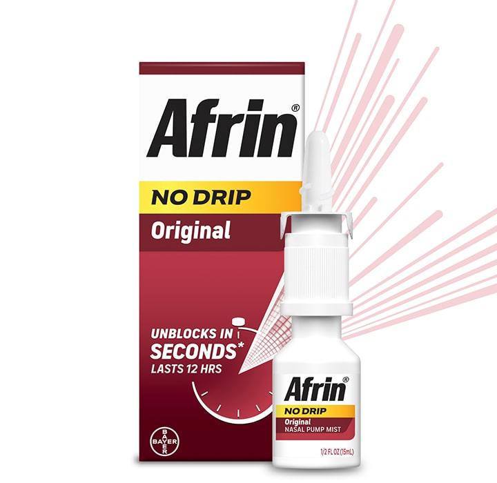 Afrin no drip original nasal spray packaging and nasal spray bottle, spray icon background