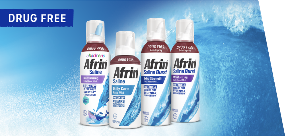 Four bottles of drug free Afrin® nasal spray, including Children saline moisturizing, saline daily care, saline burst extra strength and saline burst moisturizing, are displayed against a light blue background having sea waves.